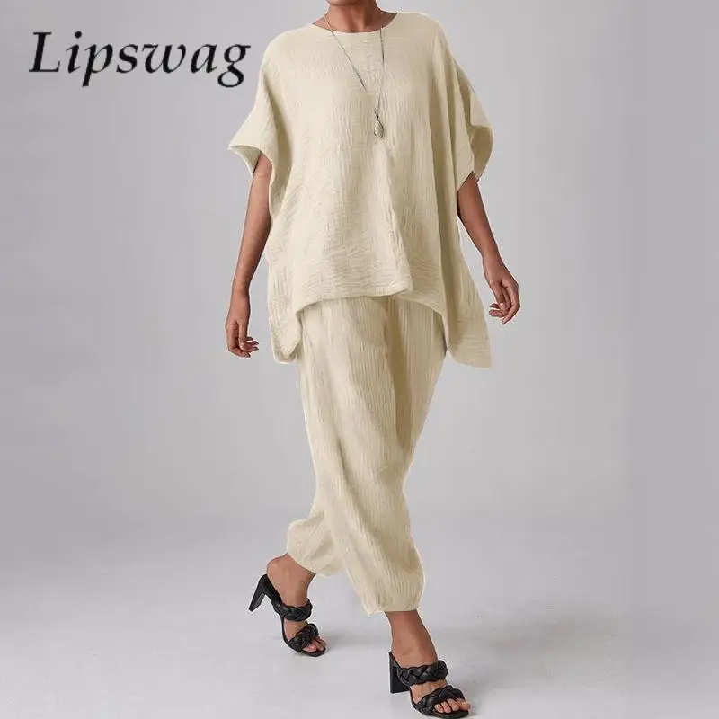 

Fashion Female Short Sleeve Outfit Caual O-Neck Loose Tops Pullover And Pocket Long Pants Women Suit Spring Autumn Two Piece Set