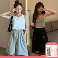 2022 womens summer shorts loose cotton casual high waist pants women solid fashion high street straight student sports shorts