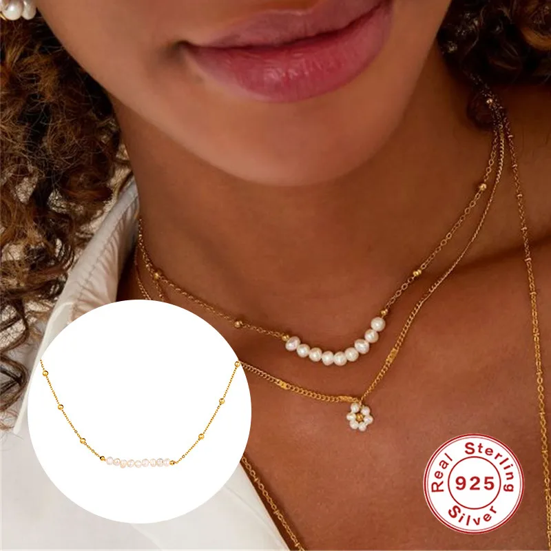 

BOAKO Real S925 Sterling Silver Fashion Jewelry Baroque Pearl Ladies Clavicle Necklace Charms For Women Collar Pendientes Gifts