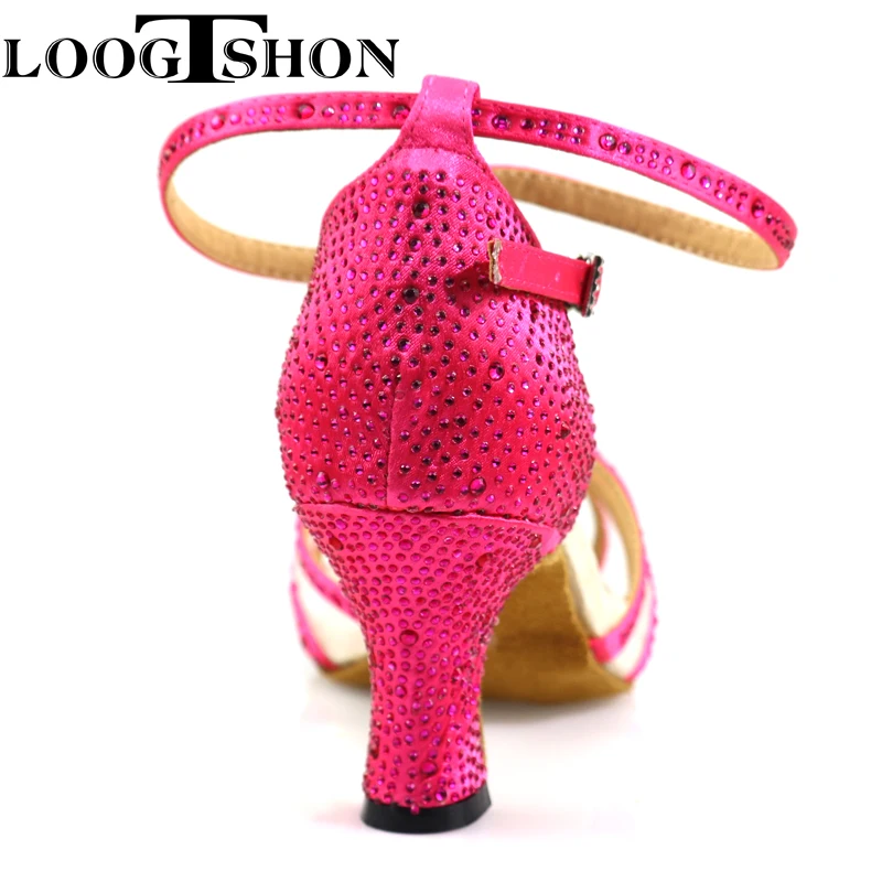 Loogtshon  Dance shoes 5 strips cross pattern red satin and red crystal rhinestones heel 7.5cm Suitable for all types of dance