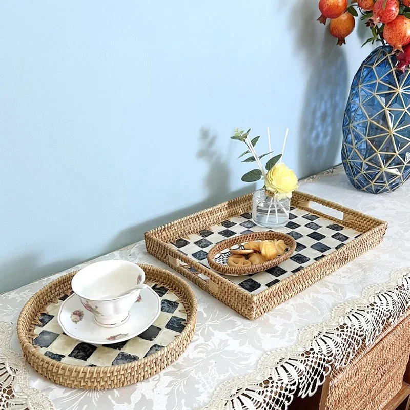 

Rattan Creative Natural Shell Black White Checkerboard Tray Home Living Room Organizer Decorative Storage Supplies