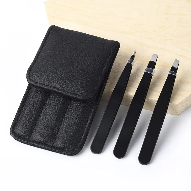 

3pcs/set Stainless Steel Black Eyebrow Tweezer Point Tip/Slant Tip/Flat Tip Hair Removal Makeup Tools with Bag Case Beauty Tools