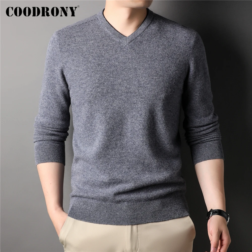 

COODRONY 100% Pure Merino Wool Solid Color V-Neck Knitted Sweater Men Clothing Brand Autumn Winter New Arrival Pullover Z3054