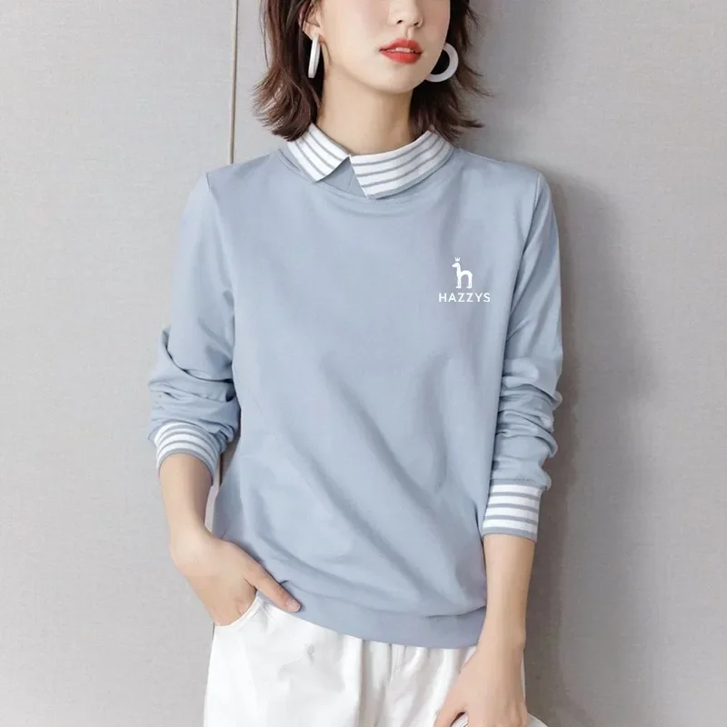 

Hazzys Autumn Women's Clothing Fake Two Piece Long Sleeve Golf T-shirt Women's Golf Wear 2023 Golf Shirt Contrast Stripe Top