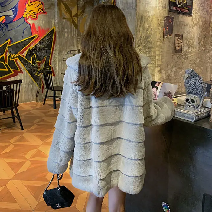 Women's Leather Fur Coat Autumn and Winter Imitate Rex Rabbit Fur Fur Coat Women's Mid-Length Slim-Fit Fur Coat Faux Fur Coat