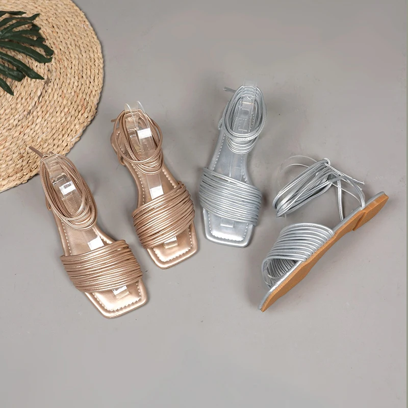 

2022 New Lace Up European and American Women's Sandals 35-43 Large Walking Show Flat Bottomed Roman Hollow Women's Shoes Traf