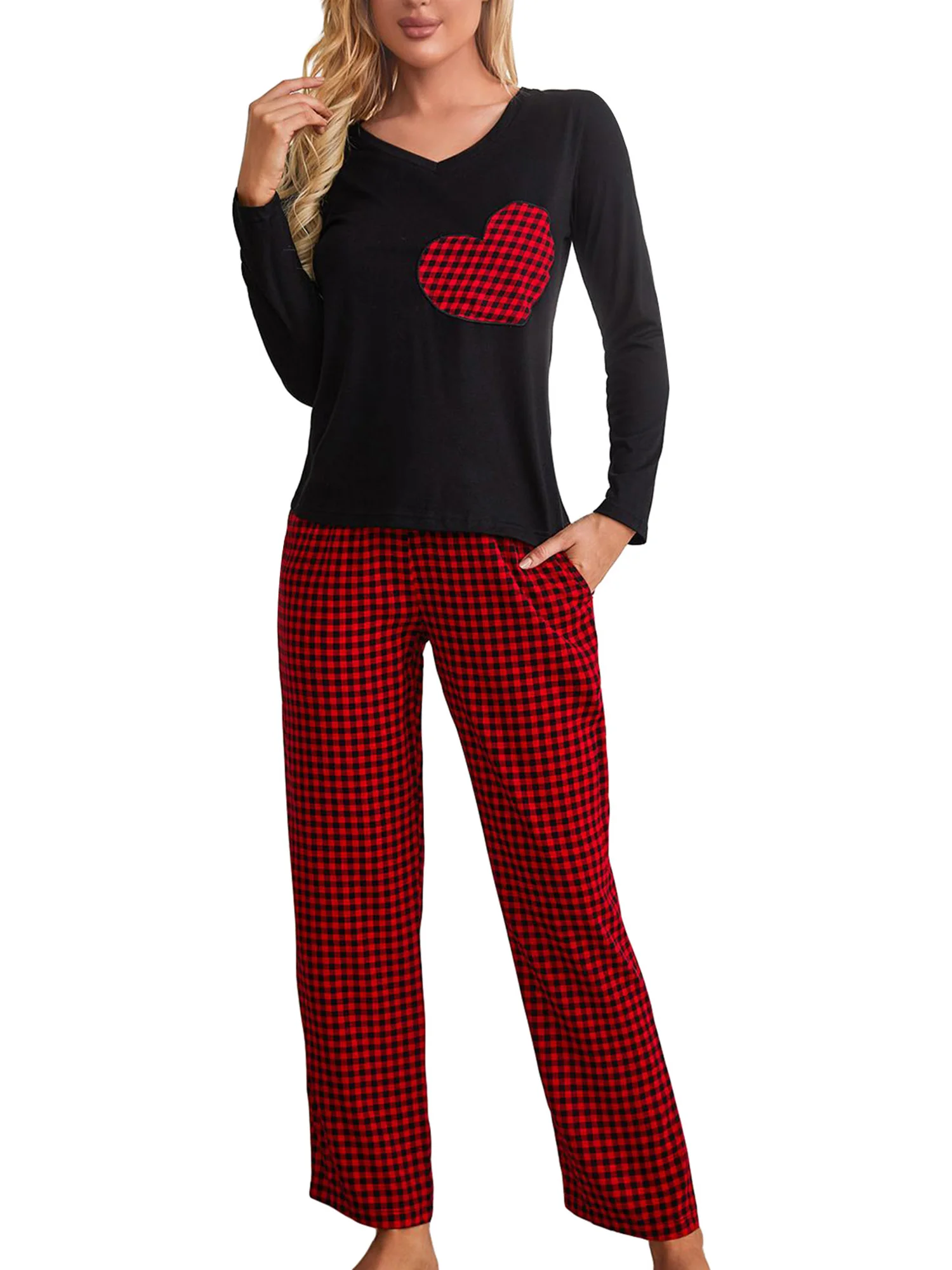 

Women s Cozy 2 Piece Lounge Set Festive Christmas Pajama Set with Long Sleeve V Neck Heart Print Tops and Comfy Plaid Pants