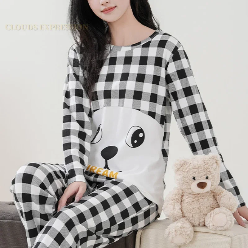 Женский пижамный комплект в горошек с мультяшным медведем