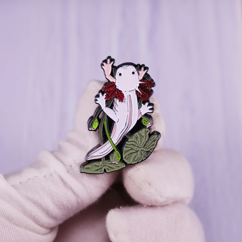 

Axolotl Herpetoflora Hard Enamel Pin Cute Little Pink Axolotl Swimming Around Some Lily Plants Brooch Mexican Walking Fish Badge