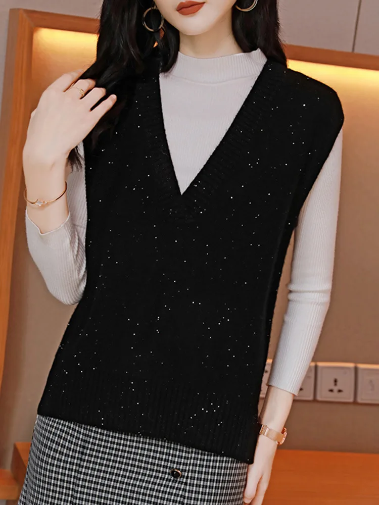 

Women's Knitted Sweater Autumn 2021 New Loose V-neck Sequined Wool Top Western Style Sleeveless Pullover Sweater Vest
