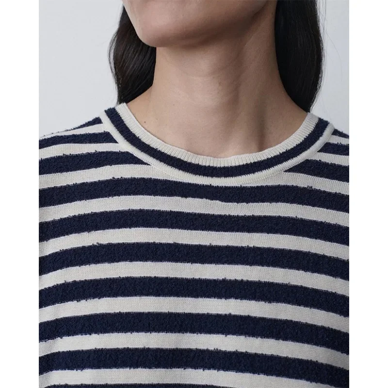 LUXURY-Сине-белый вязаный свитер в полоску для женщин смешанный кашемир круглый