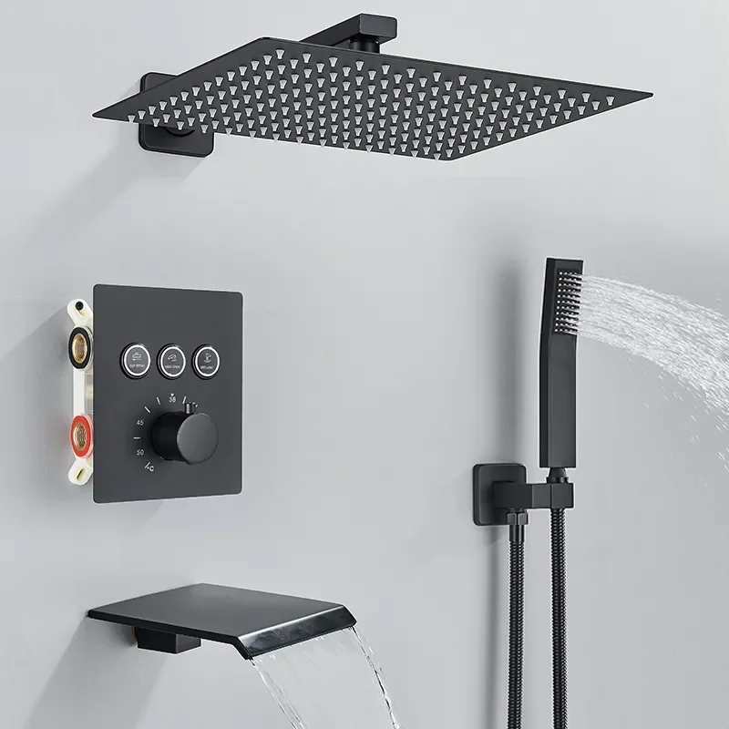 

Matte Black Thermostatic Shower Faucets Set Touch Control 2 and 3 way Shower Mixer Rain Waterfall Shower System Bath Shower Kit