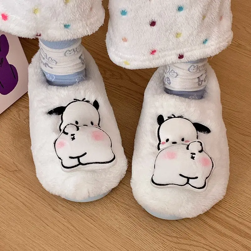

Sanrio Pochacco Cotton Slippers Women Winter Outside Home Non-Slip Indoor Plush Slippers Kawaii Flat Shoes Cotton Shoes Gift