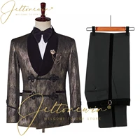 jeltonewin latest designs gold smoking jacket shawl lapel formal groom tuxedos double breasted dinner party prom suit wedding