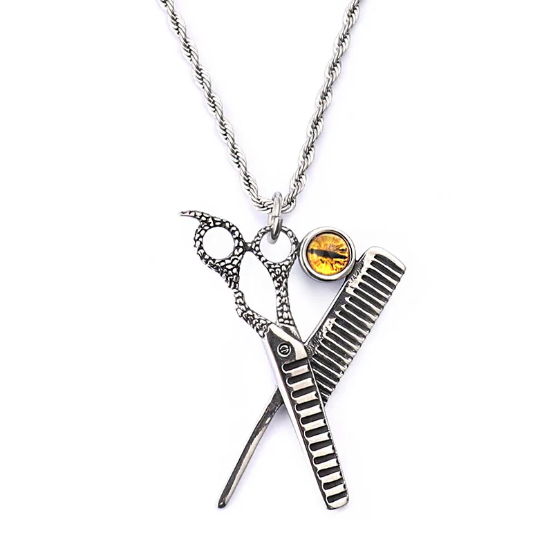 Black Blue Yellow Stones Pendant Stainless Steel Hair Stylist Comb Scissors Pendants Necklace Jewelry