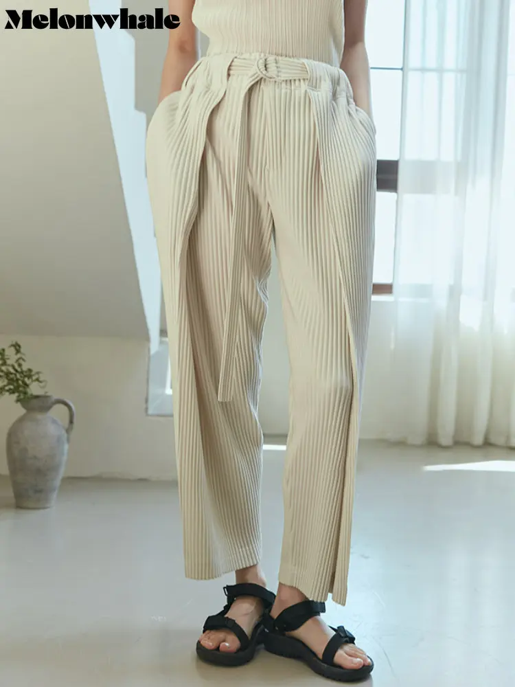 MelonWhale Miyake Pleated Pants with Belt 2023 Spring Summer New Straight Pleated Casual Wide Leg Pants  Women Korean Clothing