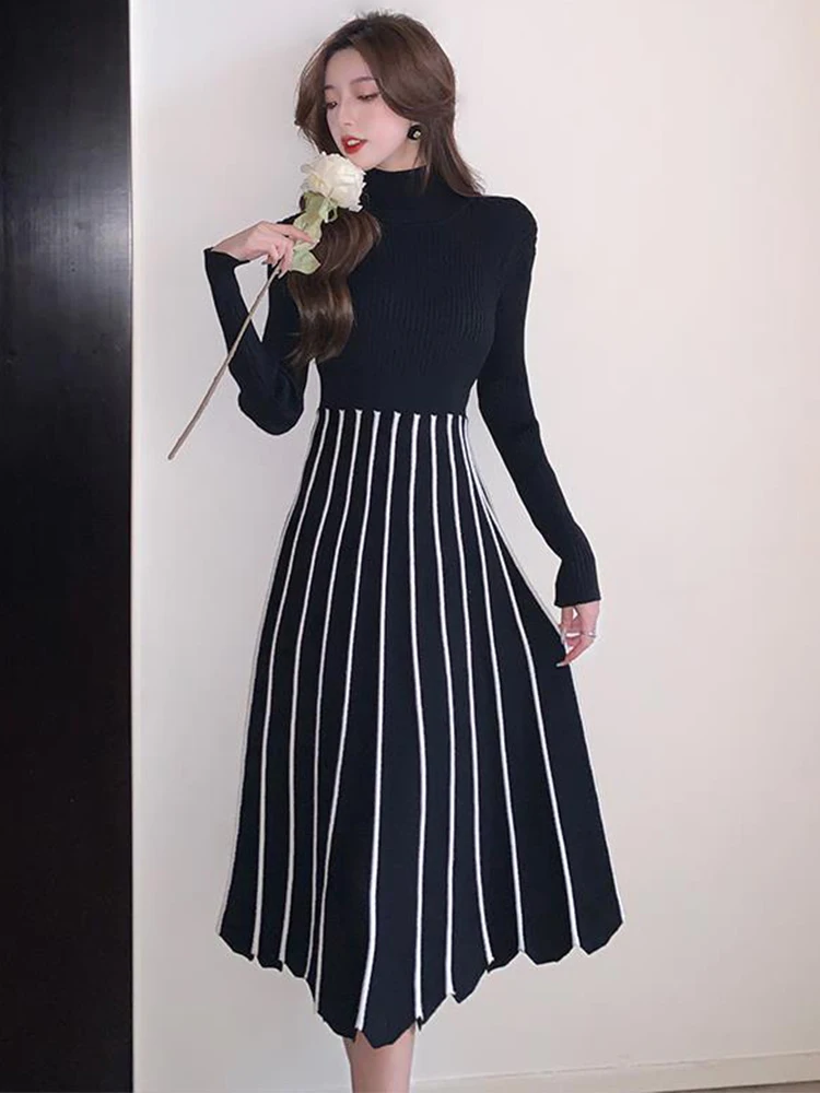 

Knitted Elegant Women Evening Dress Mujer Stretchy Turtleneck Skinny Pleated Midi Party Street Inner-Match Robe Femme Vestidos