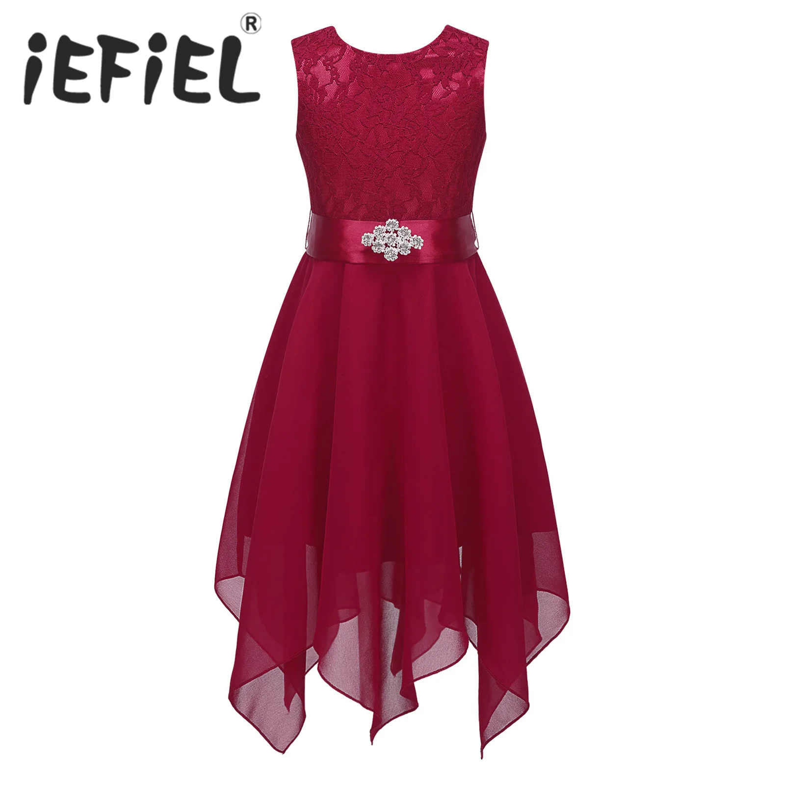 

Kids Flower Girls Elegant Party Dress Sleeveless Lace Asymmetrical Hem Dress with Satin Sash for Formal Occasion First Communion