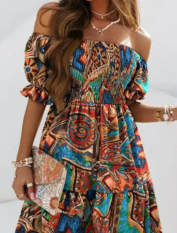 

Dresses for Women 23 Summer New Casual Fashion Sexy One Piece Neck Tribal Print Off Shoulder Shirred Swing Dress Vacation Fresh