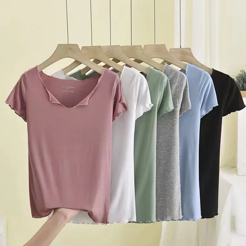 

Новинка лета 2022, мягкая Модальная футболка, женские тонкие однотонные топы с V-образным вырезом и коротким рукавом