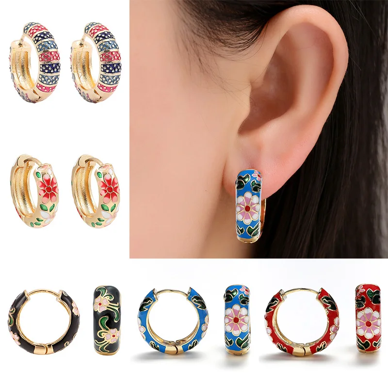 

1 Pair Round Circle Huggie Earring Vintage Enamel Flower Small Hoop Earrings Trendy Geometric Statement Fashion Jewelry Brincos