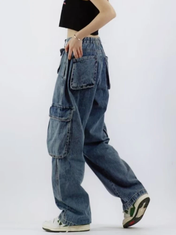

2022 New Fashion Cargo Pants Women Multiple Pockets High Waist Elastic Hip Hop Jean Pants Vintage Streetwear Denim Trousers