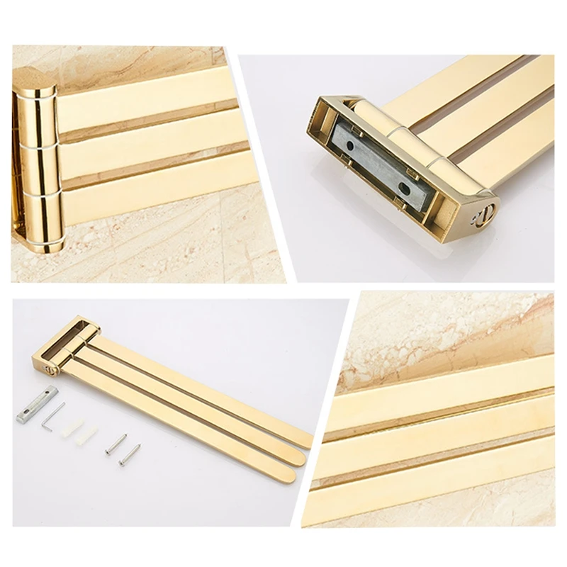 

Folding Movable Bath Towel Bars Bathroom Racks Hanger Holder Wall Mounted Nail Punched 3 Layers Rotatable Gold 288Mm
