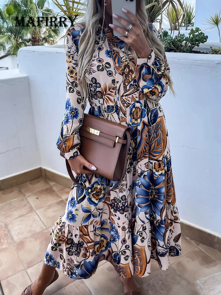 

New Party Dress Holiday Long Sleeve Casual Women Printing Turn-Down Collar Vintage Ladies Cardigan Dress Streetwear Dropshipping