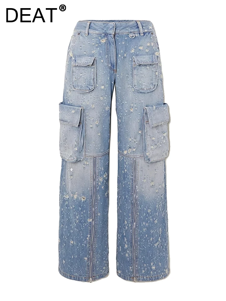 

Женские джинсы с потертостями DEAT, свободные штаны из денима на молнии с несколькими карманами и разрывными дырками, Новинка осени 2023, 7AB225