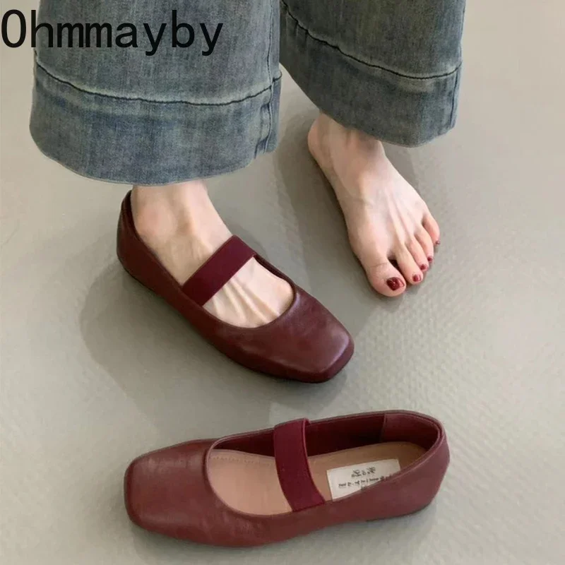 Женские балетки с квадратным носком модные на мелкой резинке весенне-осенние