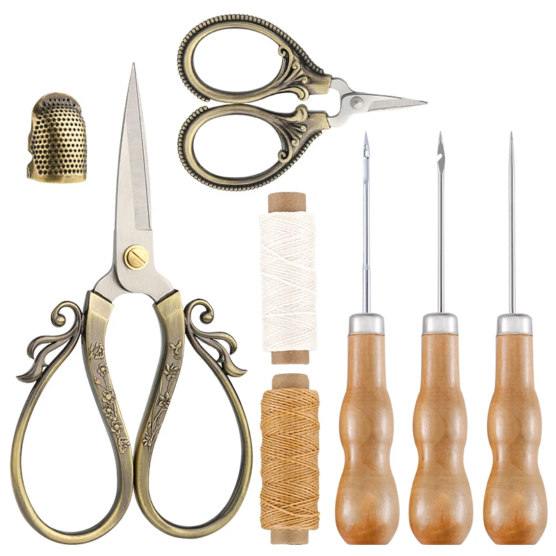 

RORGETO Wooden Handle Sewing Awl Leather Craft Sewing Kit Vintage Scissors 50m Wax Line With Thimble DIY Craft Sewing Accessorie