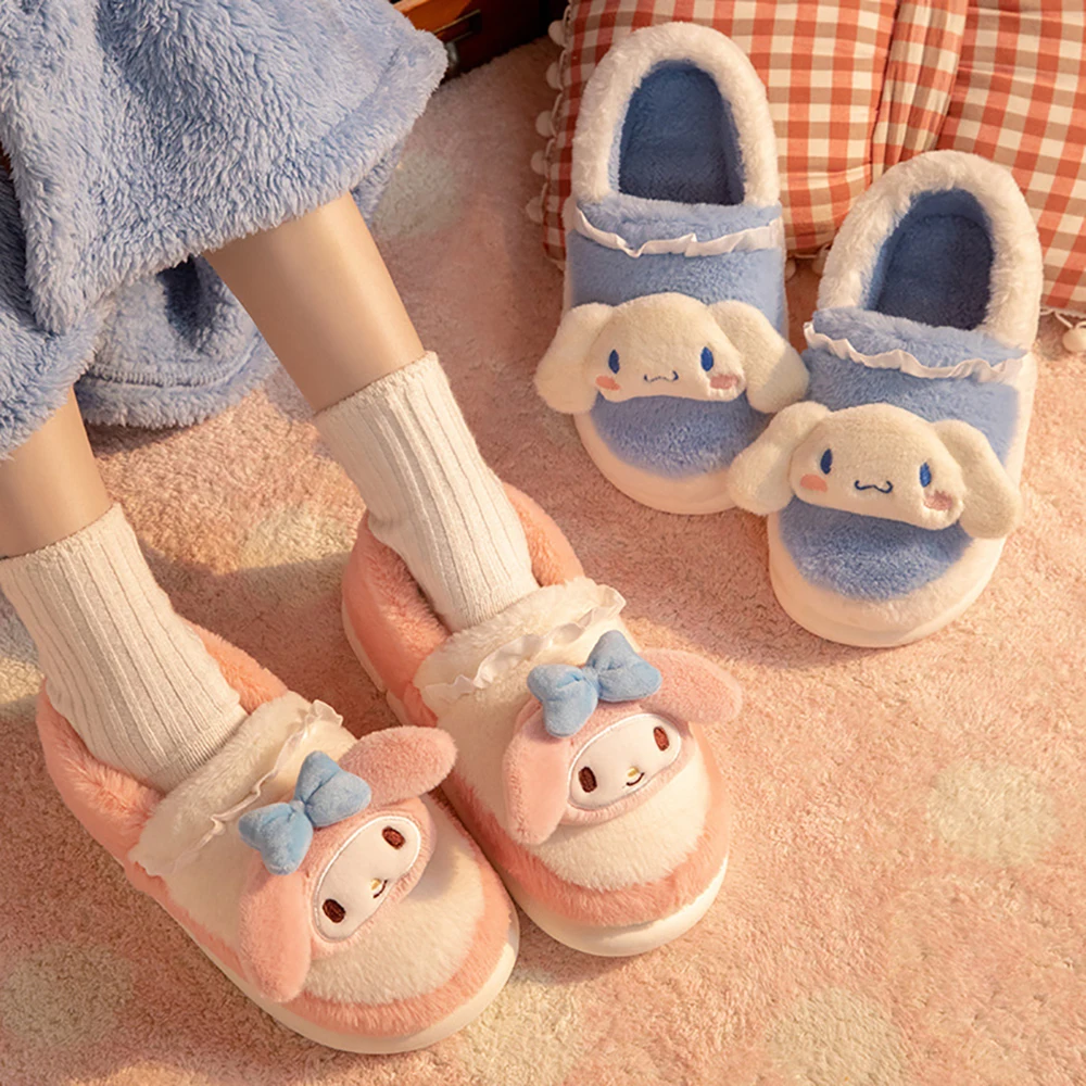 Big ears dog slippers package with winter girls cute cartoon indoor home thick bottom velvet warm cotton shoes