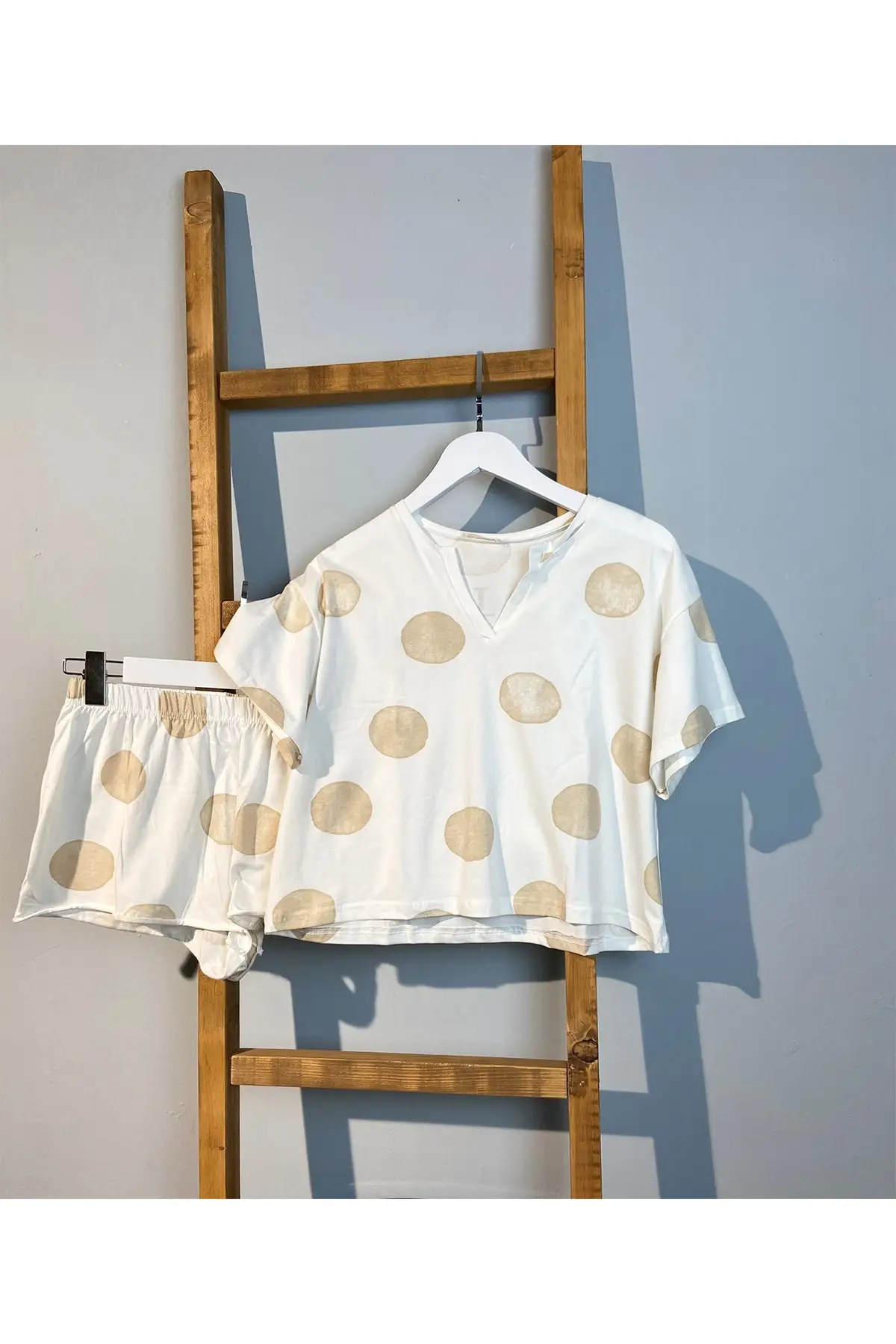 

Women's Pajamas - Polka Dot Pajama Set With Written On The Back, Combed Cotton Shorts- Sleep Lounge Nightwear Sleepwear