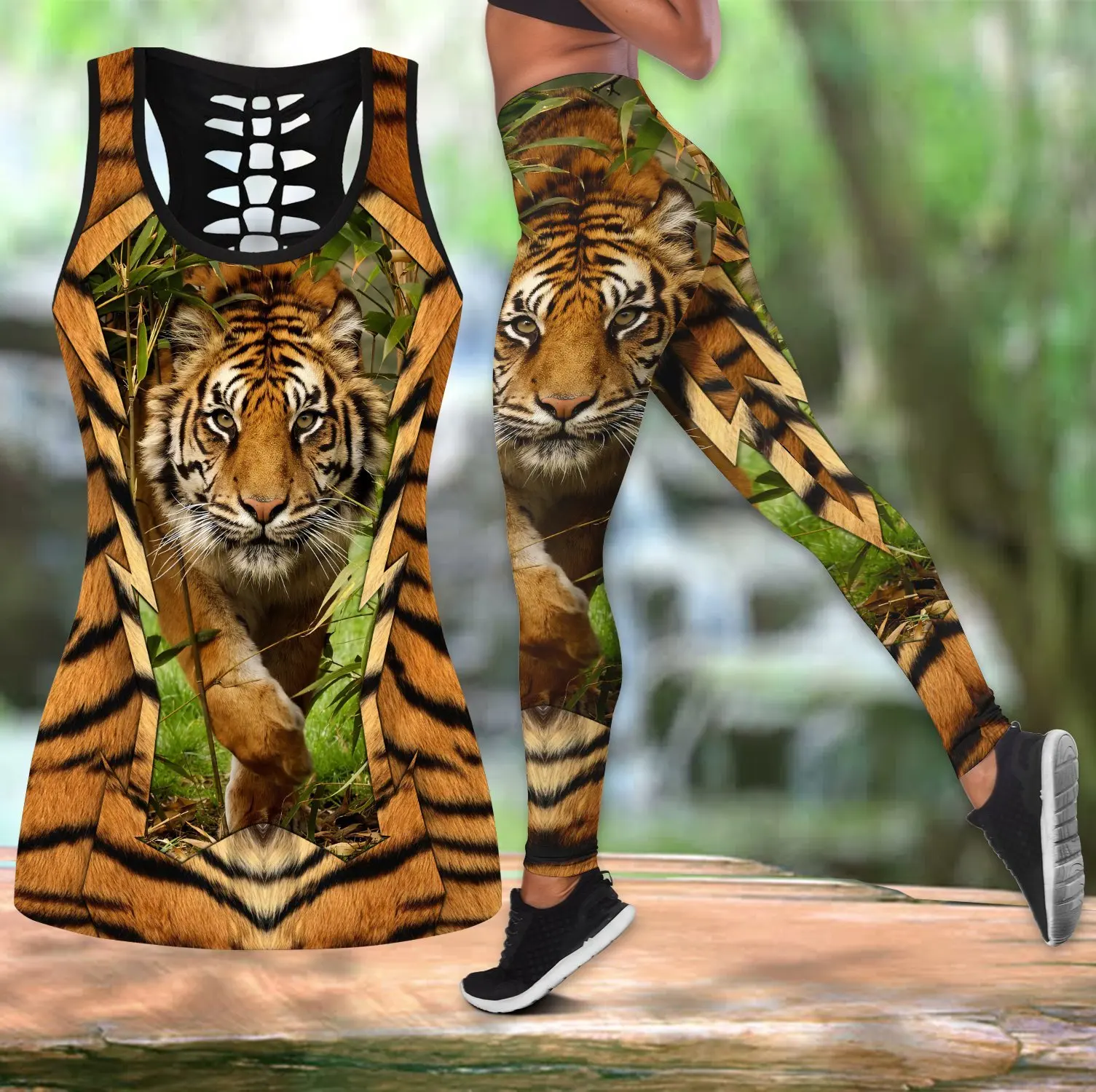 

Beautiful Tiger 3D All Over Printed Hollow Tank Top & Leggings Set Fitness Female Full Length Leggings Running Pants DDT14