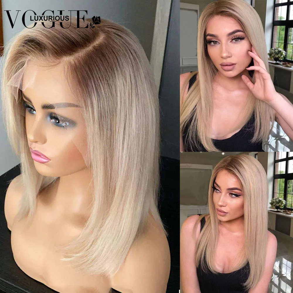 

Ombre Ash Blonde Lace Front Wig Human Hair 13x4 Ash Grey Straight Short Bob Wig Preplucked 13x6 HD Transparent Lace Frontal Wig