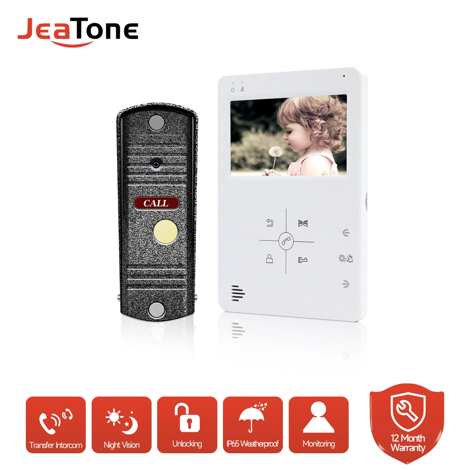 JEATONE 4.3 Inches Video Intercom for Home Security, 1200TVL HD Dual Way Talk Video Doorbell System with Gate/Door Unlock Button