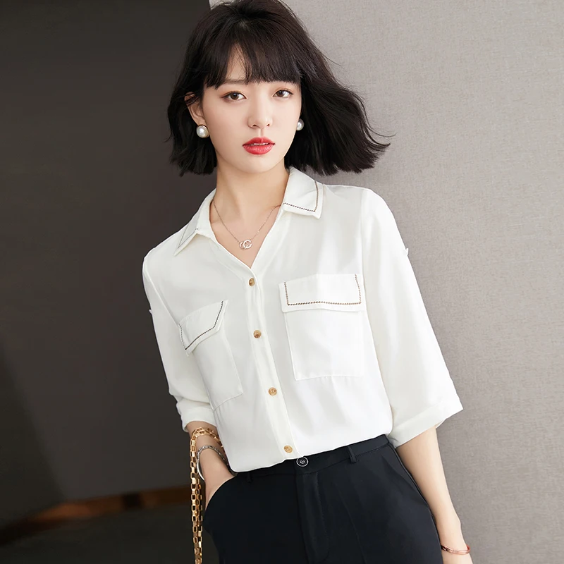 

Tops Women 2022 Blusas Camisas Mujer White Chiffon Shirt Chemise Femme Button Up Office Elegant Shirts With Pockets