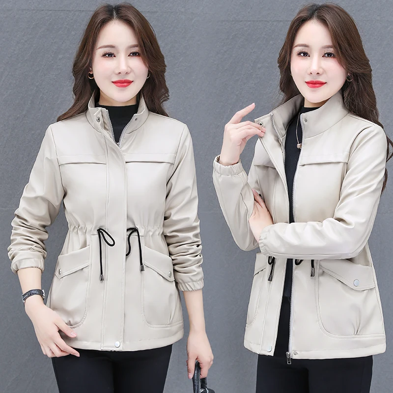New Autumn And Winter Mid Length Women'S Stand Collar Leather Jacket Fashion Mother'S Top Korean Versatile Pu Coat enlarge