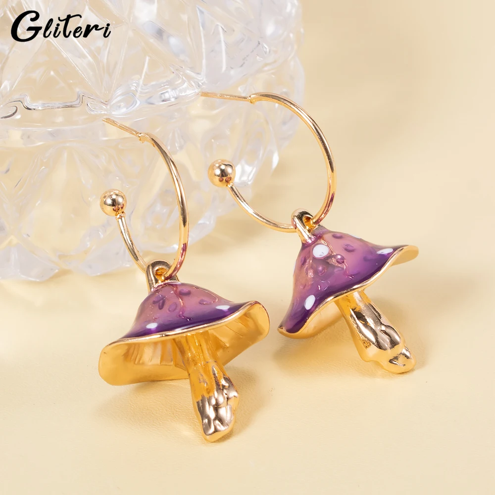 GEITERI New Cute Mushrooms Pendant Earrings For Women Girls Kids Purple Oil Drops Hoop Stud Earrings Fashion Jewelry Party Gifts