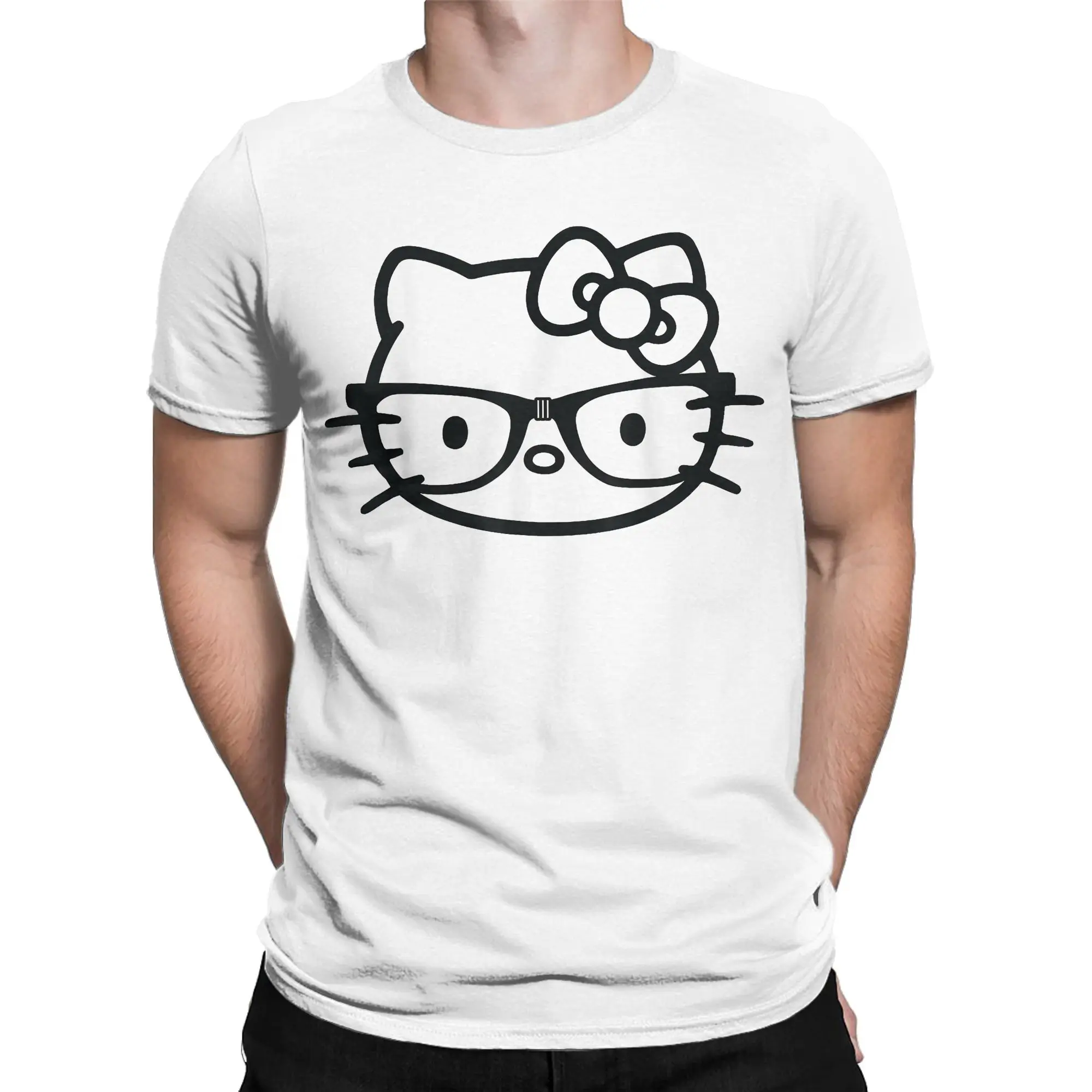Черно-белая футболка с очками Nerd принтом Hello Kitty мужская одежда круглым вырезом и