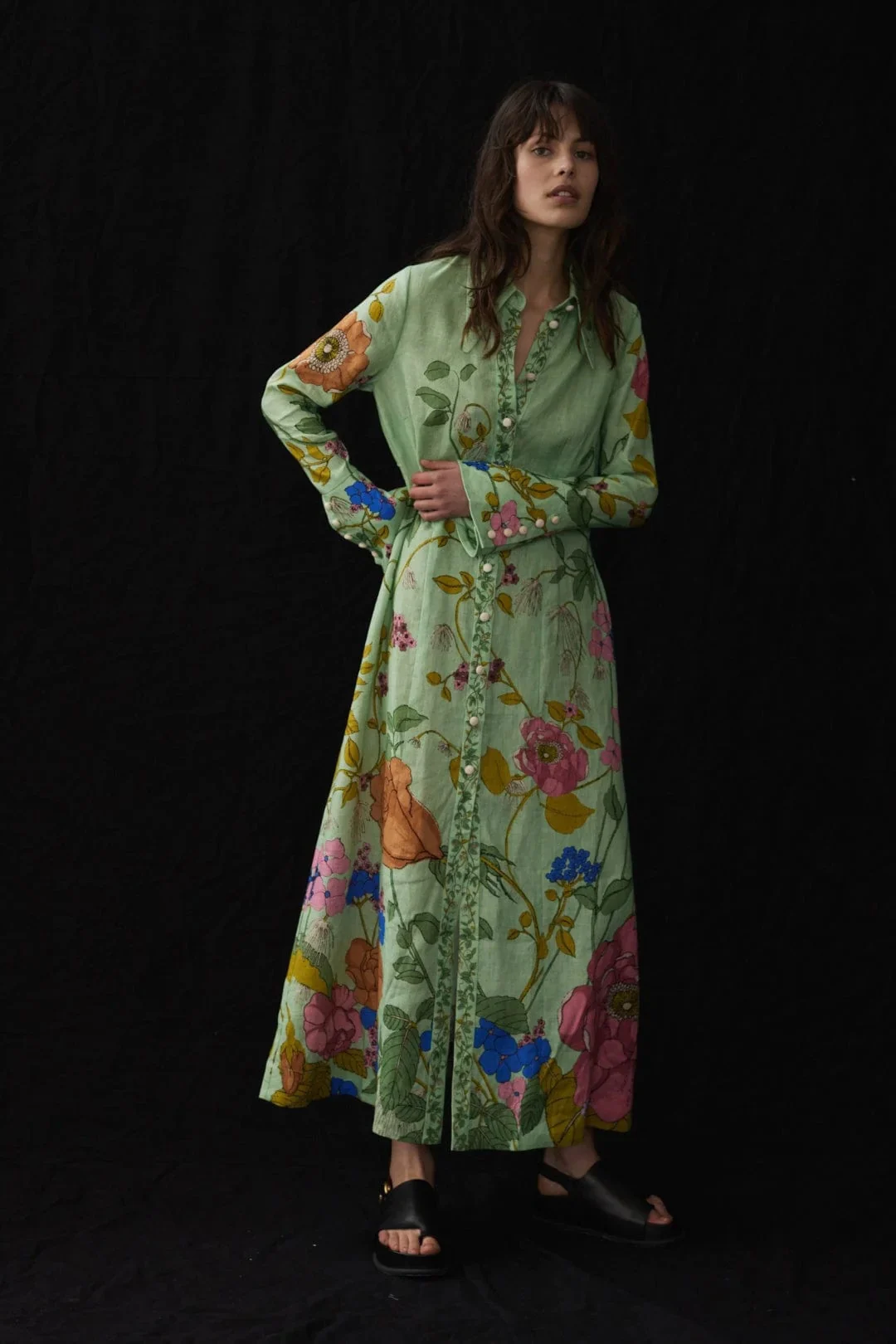

2023 Green Spring Summer High Quality Vintage Floral Printing Casual Long Sleeve Buttons Woman Midi Dress