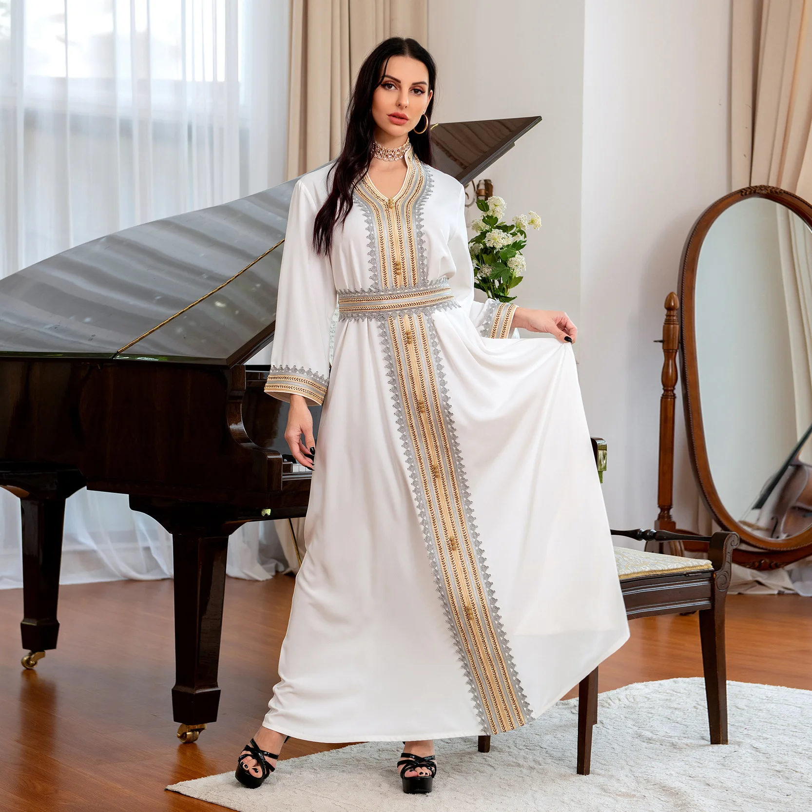White Middle East Abaya Party Robe Muslim Evening Dress Embroidery Long Sleeves Buttons Dubai Arabic Dresses  abayas for women