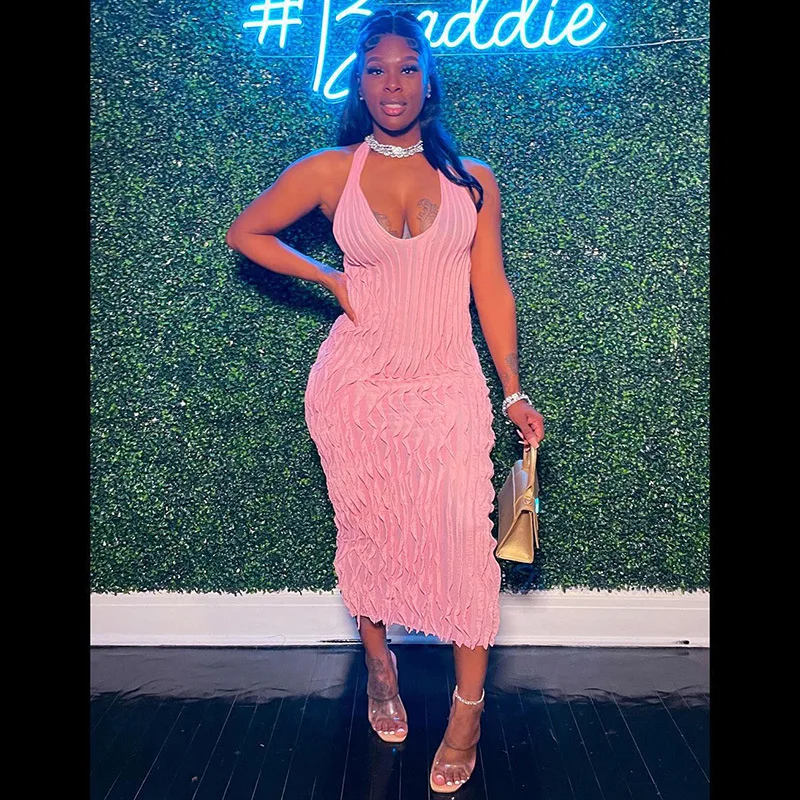 

Elegant Wave Ruffles Halter Loose Maxi Dress Women Summer Sexy V Neck Sleeveless Backless Casual Streetwear Solid Beach Sundress