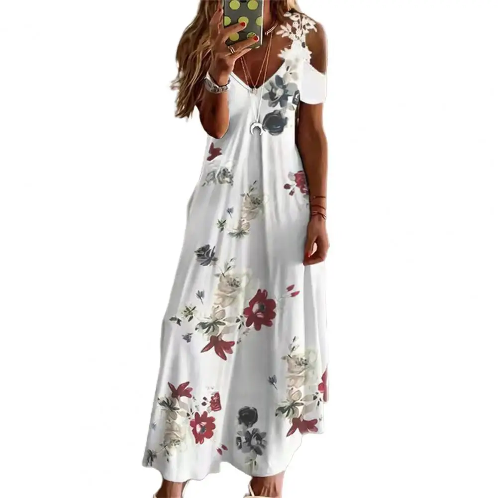 

Maxi Dress Feather Printed Lace Sling Ladies Loose-fitting A-Line Long Dress Streetwear