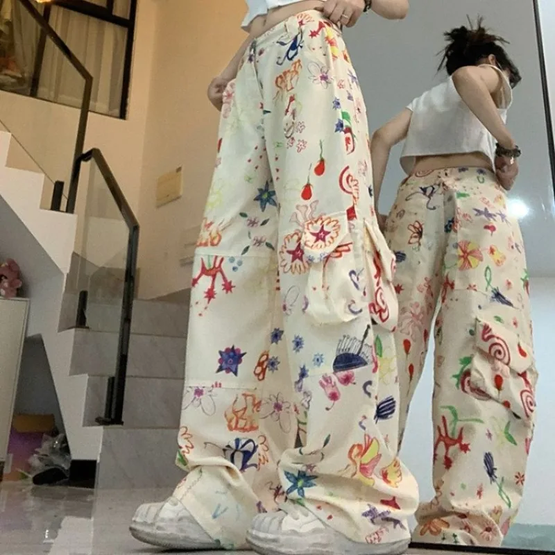 

Hikigawa весенние однотонные женские брюки с высокой талией, шикарные модные широкие брюки в стиле Харадзюку с карманами, универсальные брюки в стиле пэчворк