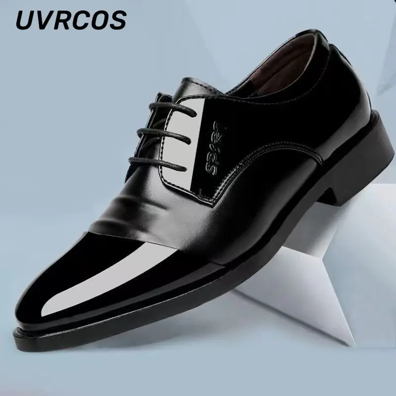 

Men Casual Leather Shoes Pointed Toe Shiny Business Dress Lace Up Low Fashion Solid Color 2022 New Work