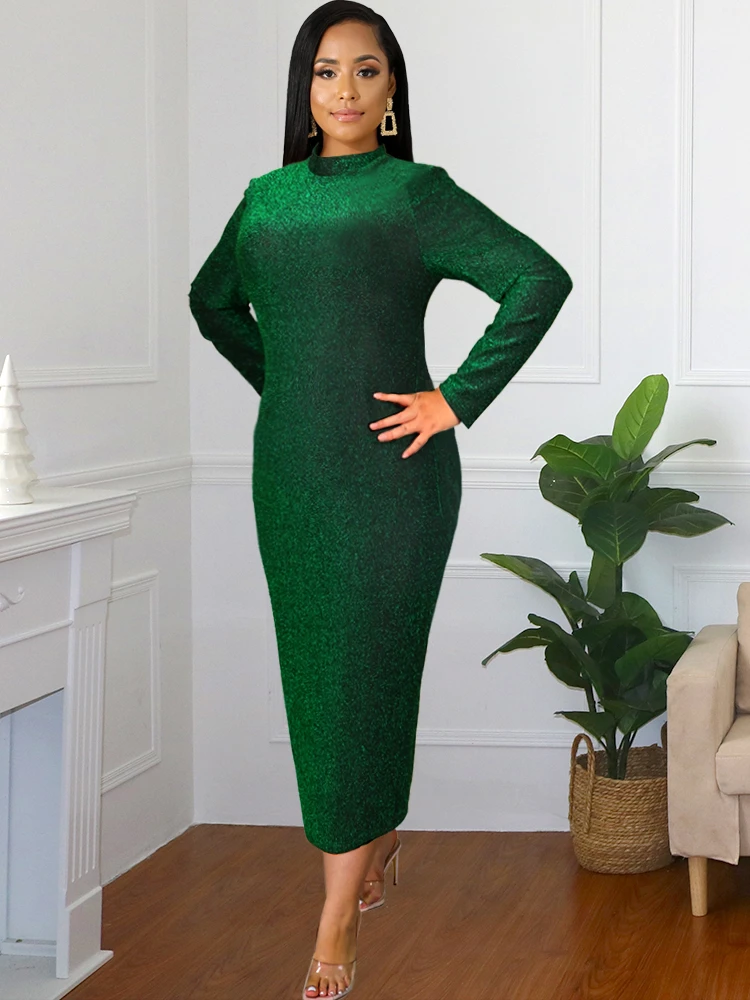 

Women Turtleneck Dress 4XL Long Sleeves Bodycon Green Shiny Glitter Elastic Christmas Party Event Evening 2022 Fall Winter Robes