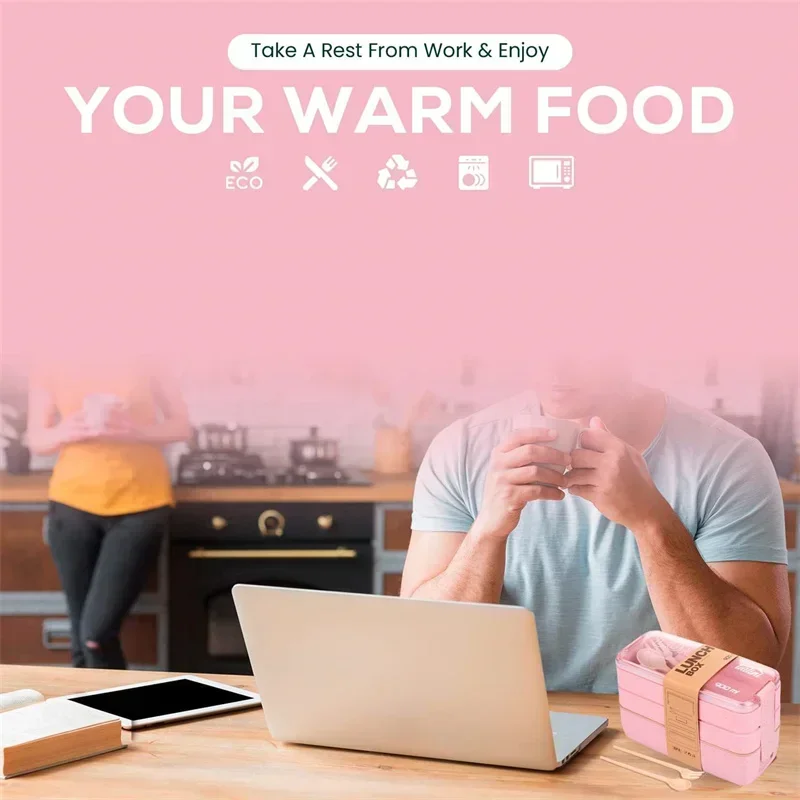 Экологичная коробка для бенто из пшеничного волокна Портативный ланч-бокс 3-в-1 с