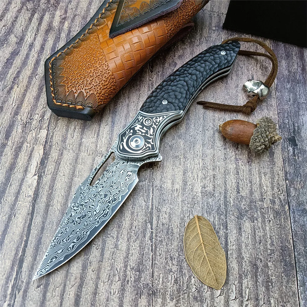 

Top Quality Damascus Steel Tactical Folding Knife Ebony Handles Outdoor EDC Knives Camping Hunting Pocket Tool Collection Gifts