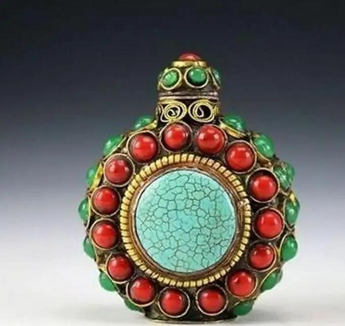 

Тибетская винтажная ручная работа медные инкрустационные бусины табак бутылка